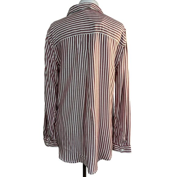 Beachlunchlounge Alanna Striped Button Down LS Shirt Cabaret Red White Sz L NEW - Picture 4 of 7